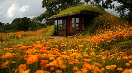 Modern Earth Sheltered House Amidst a Field of Orange Flowers