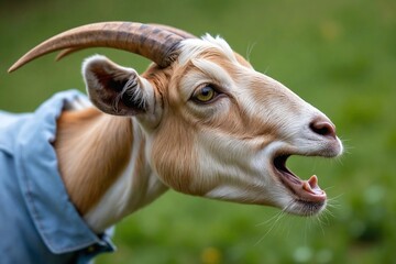 A joyful and expressive pygmy goat in a moment of pure, uninhibited happiness, captured in a series of playful and sophisticated photos.