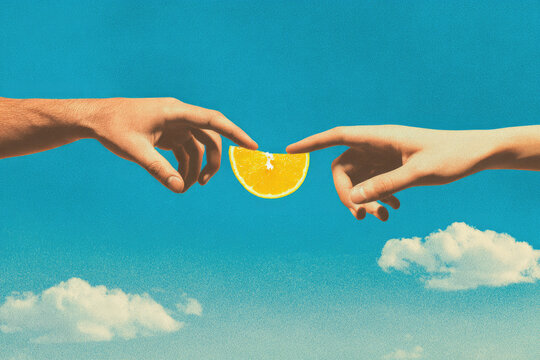 Two hands with intertwined fingers gently hold slice of citrus fruit against bright blue sky with fluffy clouds, creating surreal and playful atmosphere - Powered by Adobe