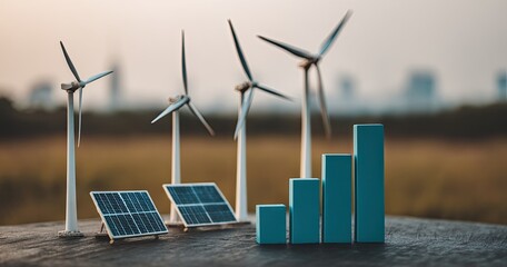 Small wind turbines and solar panels with a rising bar graph