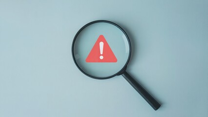 Investigating critical alerts and potential risks with intense focus using a magnifying glass over an exclamation mark warning symbol