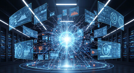 A futuristic server room with glowing orb and floating data displays in a dark blue environment ai generated