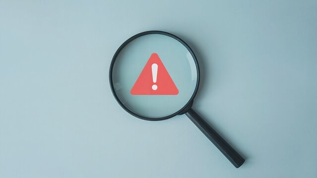 Investigating critical alerts and potential risks with intense focus using a magnifying glass over an exclamation mark warning symbol