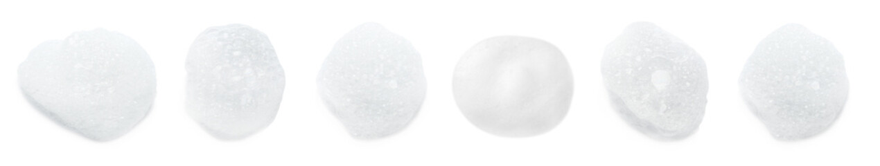Samples of cleansing foam isolated on white, set. Washing cosmetic