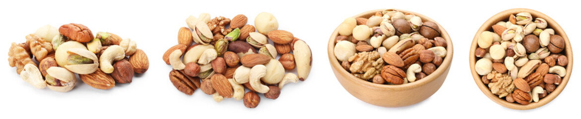Mix of different nuts isolated on white, set