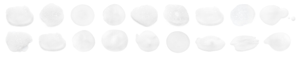 Samples of cleansing foam isolated on white, set. Washing cosmetic