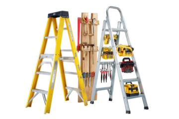 Three Ladders Against Black Background: Yellow Stepladder, Metal Ladder, and Wooden Tool Rack
