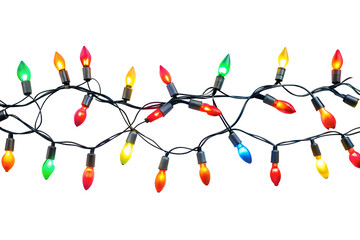 Glowing colorful christmas lights, Hanging light bulbs isolated on transparent background, Lights border