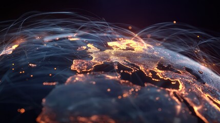 Global digital network connection visualized as glowing lines linking continents, surrounded by floating data points representing big data and internet technology.