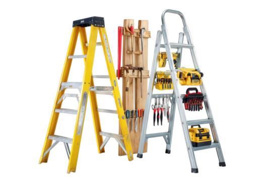 Three Ladders Against Black Background: Yellow Stepladder, Metal Ladder, and Wooden Tool Rack