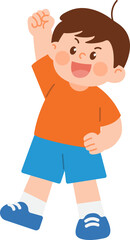 Cute Boy Cheering with Raised Fist in Cartoon Style