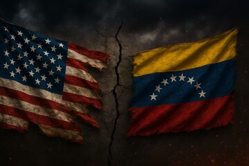USA flag and Venezuela flag with a war theme. Symbolizing conflict and political tension. International disputes, political conflict, or global crisis themes