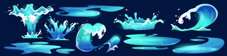 Dynamic water wave effects for game graphics - turquoise puddle splashes, liquid motion and flowing animations on dark blue background. Aquatic visual elements for ocean levels or fluid interfaces.