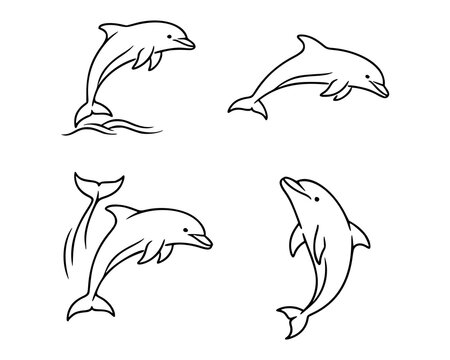 Set of dolphin icons displayed on a white background. Each black outline depicts a dolphin