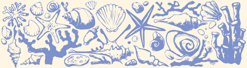 Coastal boho shell illustration with marine elements - blue seashells, starfish, coral and ocean algae on white bg. Hand drawn beach collection for nautical designs or seaside decorative artwork.
