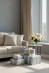 minimalist interior featuring beautifully wrapped gifts elegantly arranged on clean ultrabright table