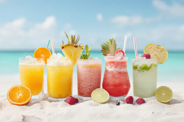 Fototapeta premium refreshing array of colorful cocktails and lemonades featuring exotic fruits and ice served on sunny beach
