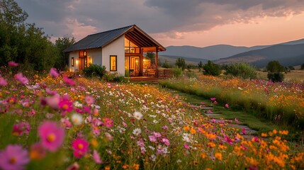 Modern House in a Vibrant Cosmos Flower Field at Sunset