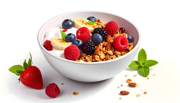 Bowl of yogurt with berries and granola on white background