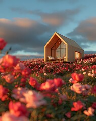 Modern Wooden Cabin Amidst a Field of Roses at Sunset