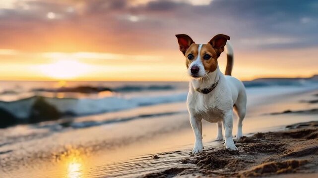 Jack russell terrier dog on evening sandy sea beach against sunset background