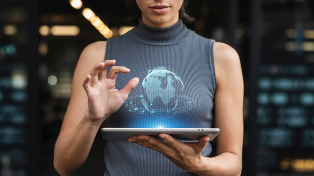 Woman Interacting with Digital Globe on Tablet Device - Powered by Adobe