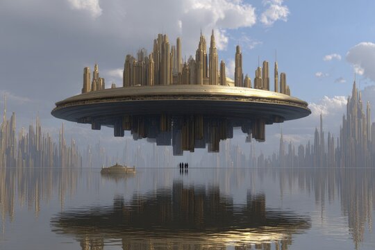 Golden city floats on a saucer-shaped platform over a calm body of water - Powered by Adobe