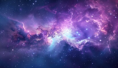 A vibrant cosmic nebula with swirling colors and stars, set against the vastness of space