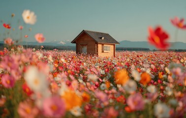 Small Wooden Cabin in Vibrant Cosmos Flower Field
