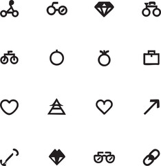 Simple black line icons vector set: bicycle, diamond, heart, arrow, and more eps silhouette