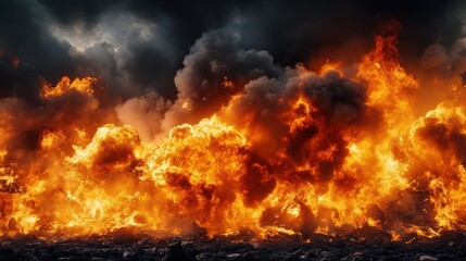 Intense Blaze of Flames against Dark Smoke in a Dramatic Landscape