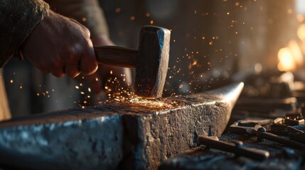 Blacksmith shaping heated iron with a hammer, sparks flying energetically under warm forge light