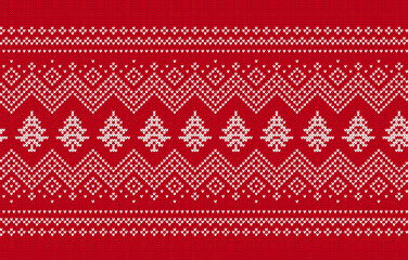 Fair isle Christmas knit background. Holiday seamless pattern with snowflakes. Festive winter ornament. Knitted sweater print. Xmas geometric border. traditional texture. Vector.