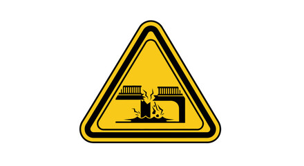 Warning sign depicting a collapsing bridge over water, signaling danger and structural failure