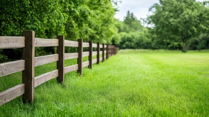 Tranquil Scene with Wooden Fence and Lush Green Grass in Natural Landscape