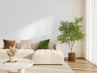 Isolated beige sofa with green accent pillow, decorative cushions, and indoor plant PNG on transparent wall background with shadow
