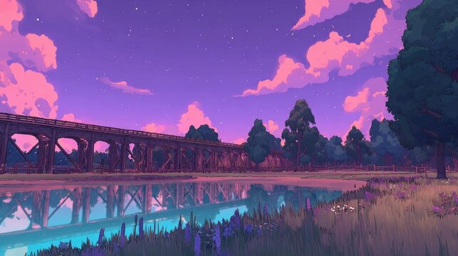 Rustic bridge over still water, vibrant sunset