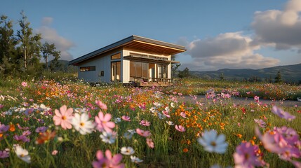 Modern White House in a Vibrant Wildflower Meadow