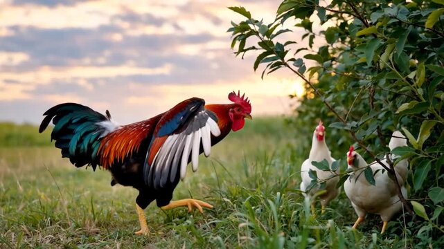 Magnifique coq au coucher du soleil dans un champ.
