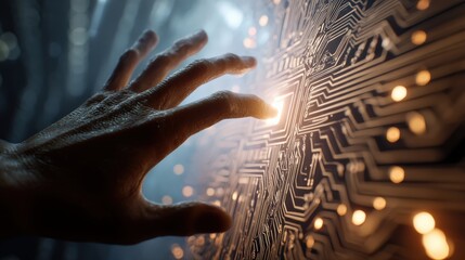 A human hand with anatomically correct fingers, reaching out to touch a large, glowing circuit board on a wall. The moment of contact sends a surge of light through the glowing lines, symbolizing the 