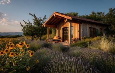 Rustic Wooden Cabin Amidst Sunflowers and Lavender at Sunset