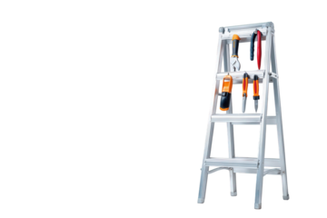 White Metal Stepladder with Tools on Black Background