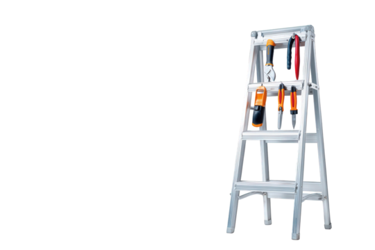 White Metal Stepladder with Tools on Black Background