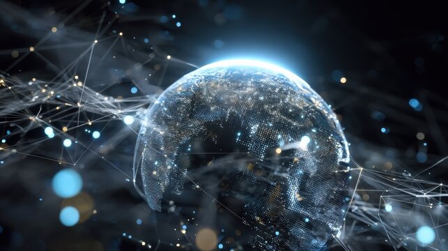 A glowing globe surrounded by interconnected lines and nodes representing global digital connections, big data flow, and internet networks against a futuristic tech background.