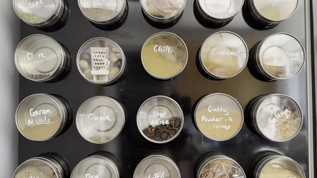 Closeup pan shot of magnetic circular containers, containing a variety of easy to view herbs and spices for homemade recipes, conveniently stuck to the side of a fridge.