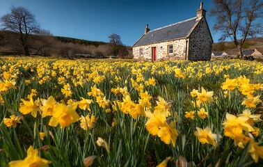 Stone Cottage Amidst a Vibrant Yellow Daffodil Field