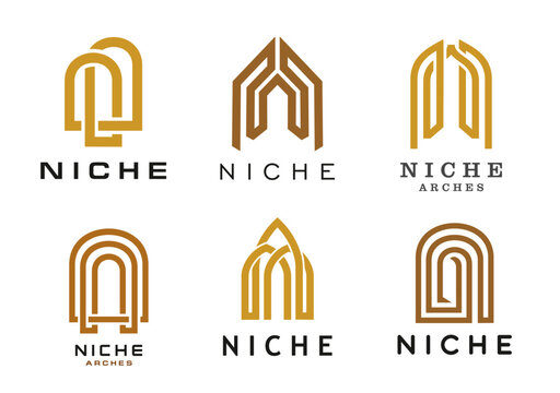 Niche arch icons of vector line window or door frames. House interior, old castle, palace or home buildings architecture symbols set with brown gold window, door, gate or entrance niche arches