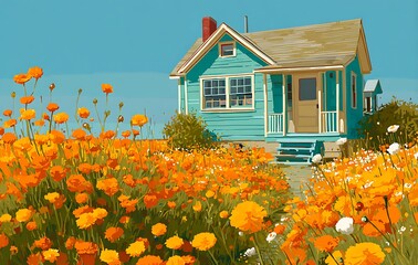 Teal House Amidst Vibrant Orange Poppy Field