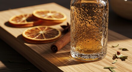 Fototapeta premium Glass Bottle with Drink Orange Slices Cinnamon on Wood.