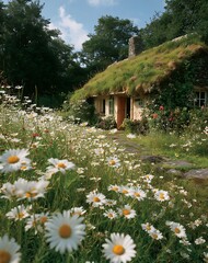 Charming Cottage with Blooming Daisies and Thatched Roof